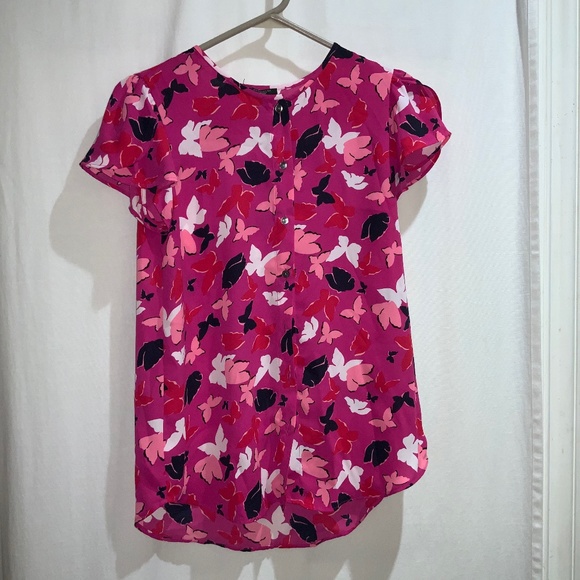 Ann Taylor button front blouse Sz XSP tulip sleeve butterfly print - Picture 1 of 6